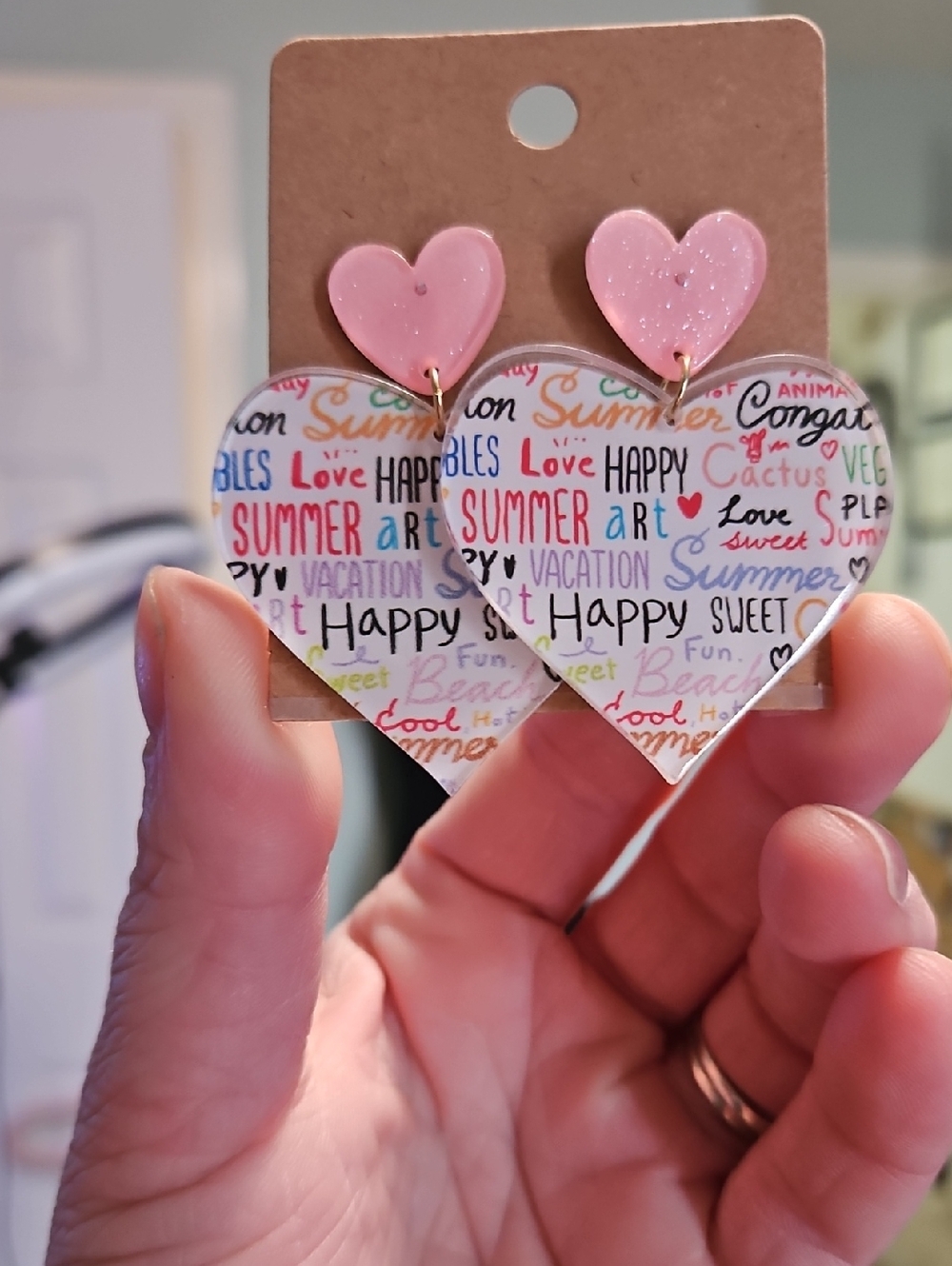 Unbranded Pink Heart Drop Earrings with Colorful Word Art Hearts